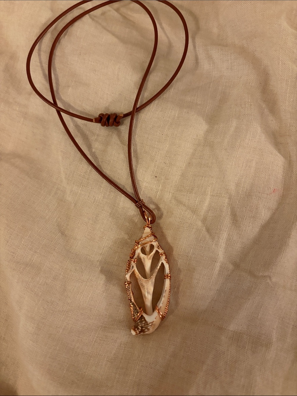 Handcrafted Brown Leather Necklace with White Shell Pendant Wrapped in Copper
